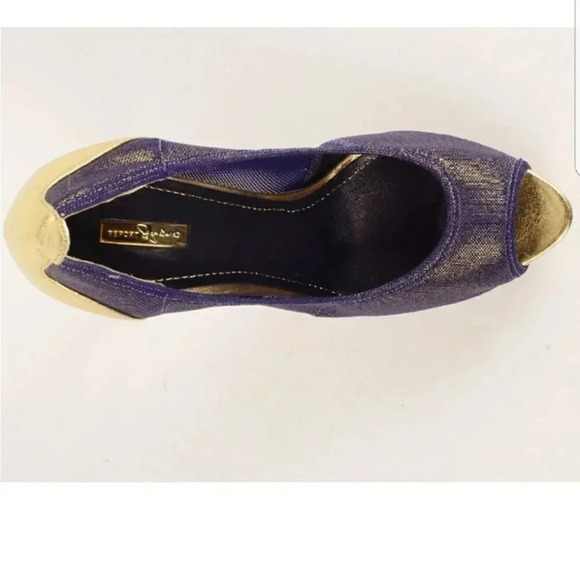 REPORT SIGNATURE TOLUCA2 PEEP TOE HEELS METALLIC GOLD AND DENIM BLUE SIZE 8 - Picture 2 of 15